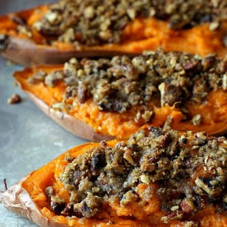 Twice Baked Sweet Potatoes with Chipotle Pecan Streusel