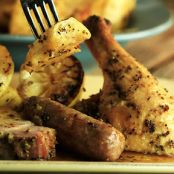 Roasted Pork Chicken and Sausage with Wilted Greens