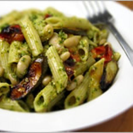 White Bean Pesto Pasta with Fast-Roasted Tomatoes and Zucchini