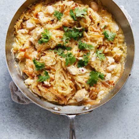 Spaghetti Squash Alfredo with Chicken and Caramelized Onions