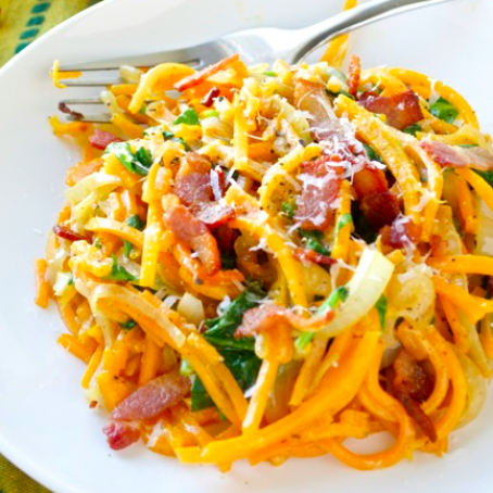 CREAMY BUTTERNUT SPIRALS WITH BACON AND SPINACH
