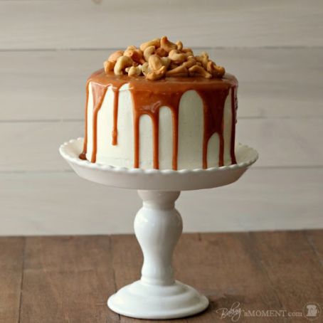 Vanilla Malt Layer Cake with Cashews and Salted Caramel