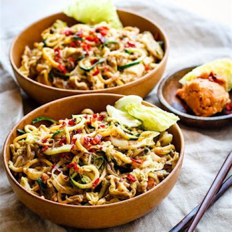 Zoodle stir fry with cashew satay sauce