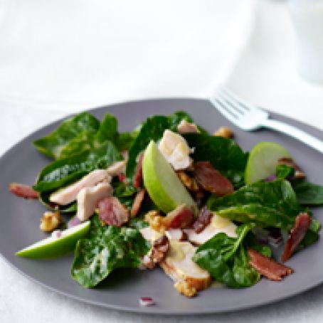 Spinach Salad with Smoked Chicken, Apple, Walnuts, and Bacon
