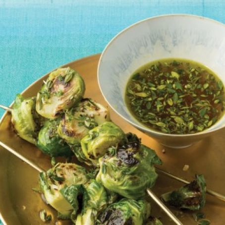 Roasted Brussels Sprouts Skewers with Lemon-Thyme Dipping Sauce