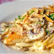Dijon Chicken Linguine with Chanterelle Mushrooms and Toasted Almonds