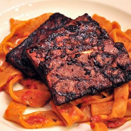 Fresh Red Bell Pepper and Chipotle Pasta, Grilled Mesquite-Smoked Tofu with a Cherry-Ancho Glaze