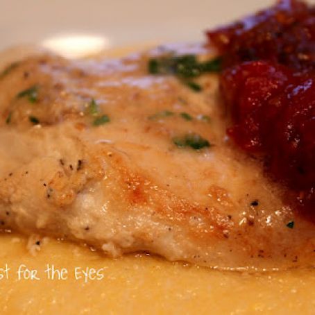 Chicken Breasts with Walnut Aillade, Tomato Jam and Polenta