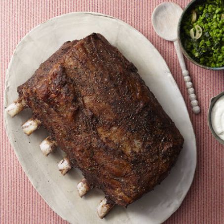 Salt and Pepper Prime Rib with Smashed Peas & Spicy Crème Fraîche