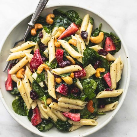 STRAWBERRY SPINACH PASTA SALAD WITH ORANGE POPPY SEED DRESSING