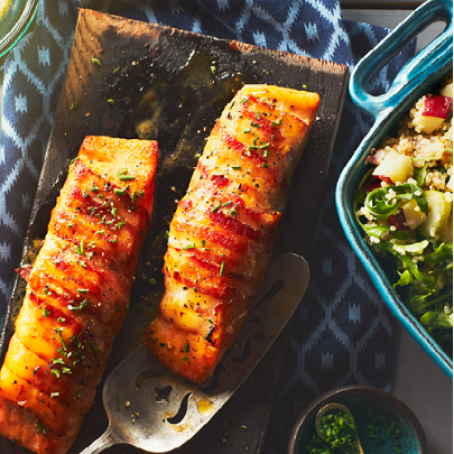 Maple-Glazed Bacon-Wrapped Salmon on a Plank