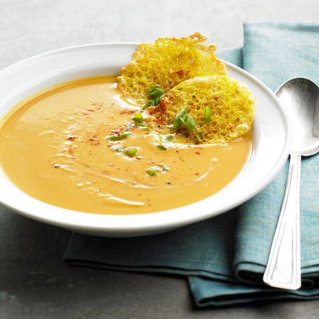 Sweet Potato Soup with Curried Cheese Crisps