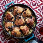 Braised Chicken Thighs with Potatoes, Porcini and Dried Cherries