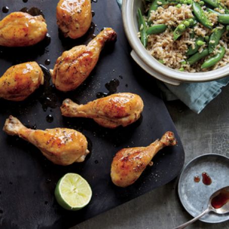 Honey-Lime Drumsticks with Snow Peas & Brown Rice