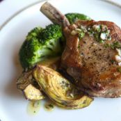 Pan-Seared Pork Chops With Roasted Avocado, Broccoli and Sherry Vinaigrette
