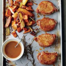 Cider Dijon Pork Chops with Roasted Sweet Potatoes & Apples