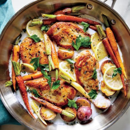 Skillet Chicken with Roasted Potatoes and Carrots