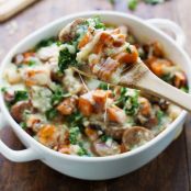 Sweet Potato, Kale, and Sausage Bake with White Cheese Sauce
