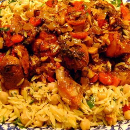 Chicken with sausage, orzo, and chickpeas