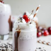 Roasted Cherry Bourbon Milkshakes with Hot Fudge