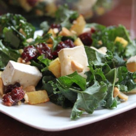 Kale Salad with Cherries, Brie, Cashews, and Sweet Potatoes