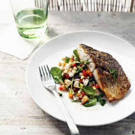 Crisp barramundi with prawn salsa and vanilla-infused dressing