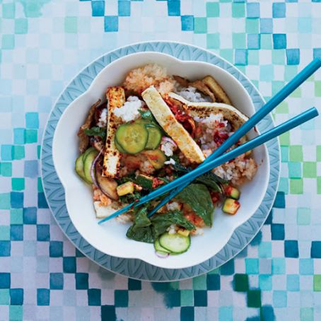 Crispy Tofu Bibimbap with Mustard Greens & Zucchini