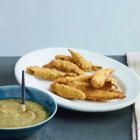 Cornmeal Fried Okra with Eggplant Dip