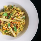 Basil Buttered Egg Noodles with Okra Succotash