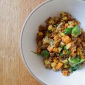 Turmeric quinoa with carrots, sweet potato, and dried apricot