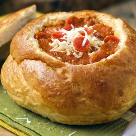 Pepperoni Pizza Soup in Bread Bowls