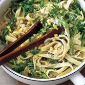 Creamy Fettuccine with Leeks, Corn, and Arugula