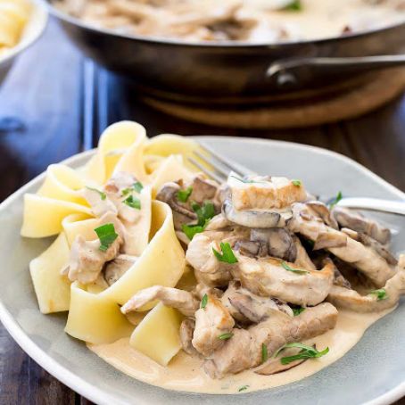 PORK STROGANOFF WITH BUTTERED NOODLES