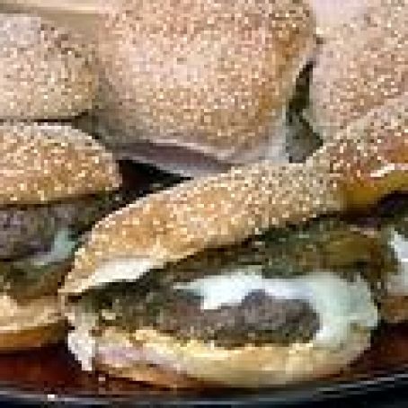 Latin Burgers with Caramelized Onion and Jalapeno Relish and Red Pepper Mayonnaise