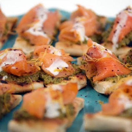 Smoked Salmon canape with Green Olive Grapefruit Tapenade
