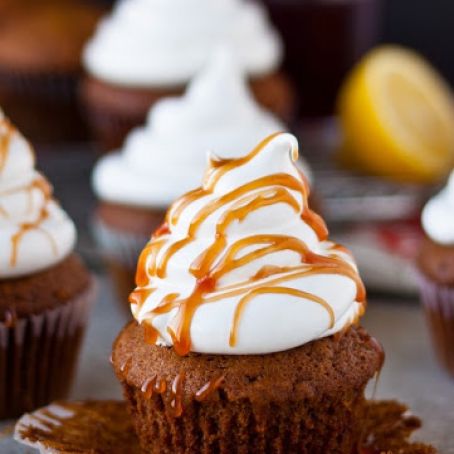Gingerbread Cupcakes with Marshmallow Frosting + Pomegranate Caramel