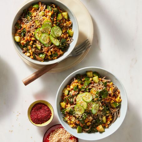 Spicy Korean-Style Soba Noodles w/Corn, Leeks & Kale