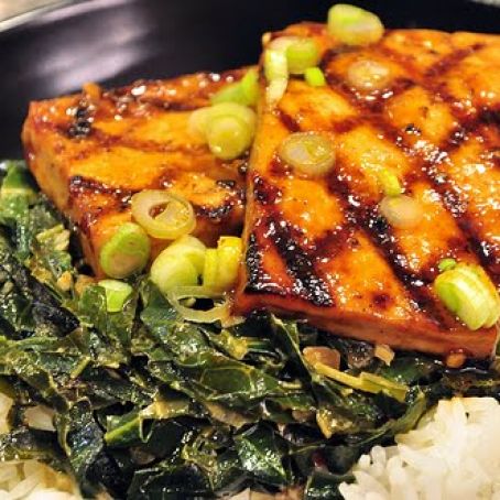 Collard Greens with Coconut Curry Sauce, Grilled Tea-Smoked Tofu, Jasmine Rice