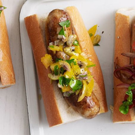 Sausages with Orange, Olive and Sweet Onion Relish