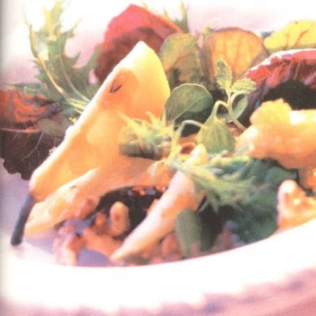 Pears and Field Greens in a Saffron-Walnut Dressing