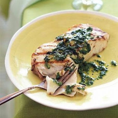 GRILLED HALIBUT w/BASIL SHALLOT BUTTER
