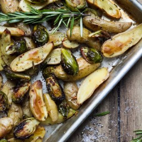 Roasted Fingerling Potatoes and Brussels Sprouts with Rosemary and Garlic