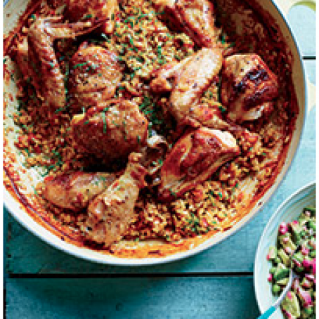 Arroz con Pollo with Avocado-Green Pea Salsa