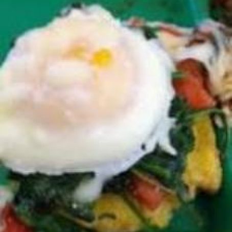 Polenta Patties With Sauteed Greens, Poached Eggs, Roma Tomatoes and Basil Salsa