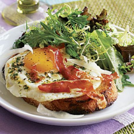 Garlic & Herb Fried Eggs on Toasts with Prosciutto Crisps