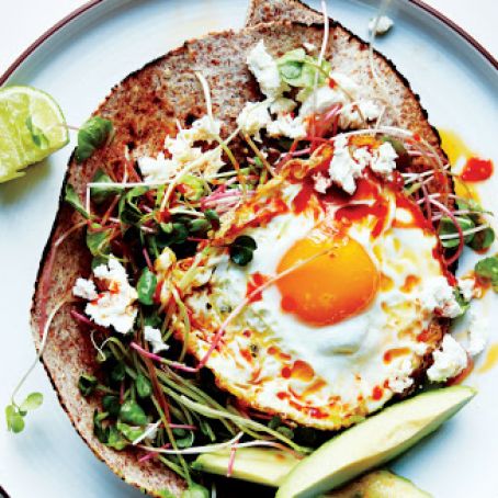 Chile-and-Olive-Oil-Fried Egg with Avocado and Sprouts