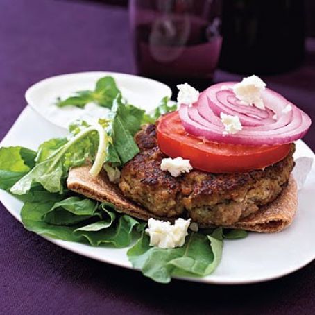 GREEK LAMB BURGER w/ARUGULA, TOMS & FETA