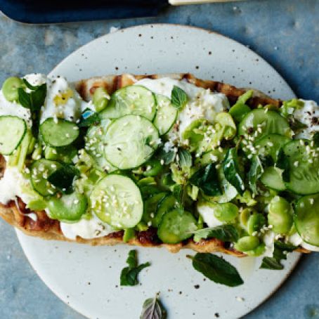 Flatbread with Fava Beans, Cucumbers, and Burrata