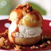 Profiteroles with Caramel Sauce and Hedgehog Almond Praliné