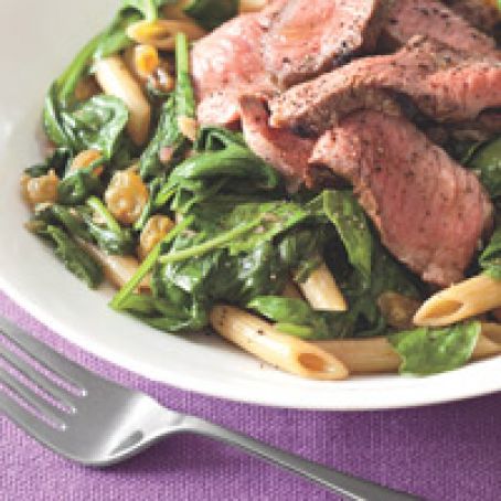 Wilted Spinach Salad with Steak and Pasta